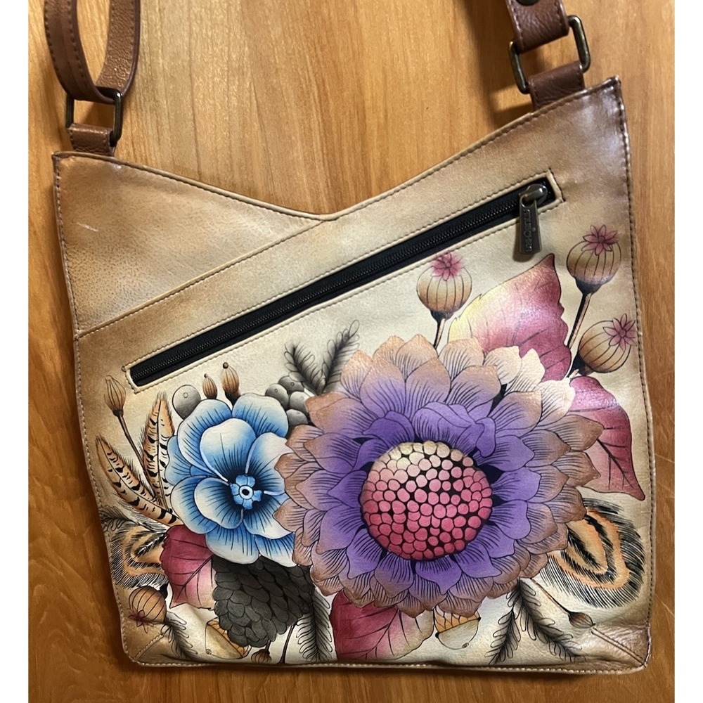 Anuschka Hand Painted Leather Rustic Floral Crossbody Organizer Bag Purse 13x12